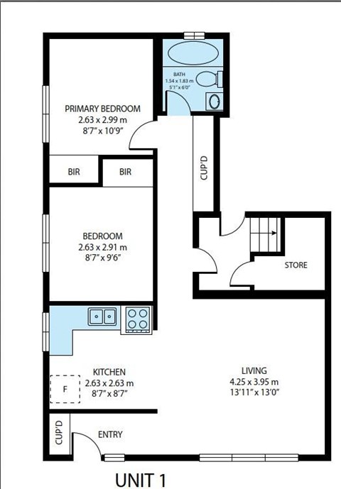 A floor plan of a unit with a primary bedroom, a bedroom, a kitchen, a living room, a store and a bathroom.